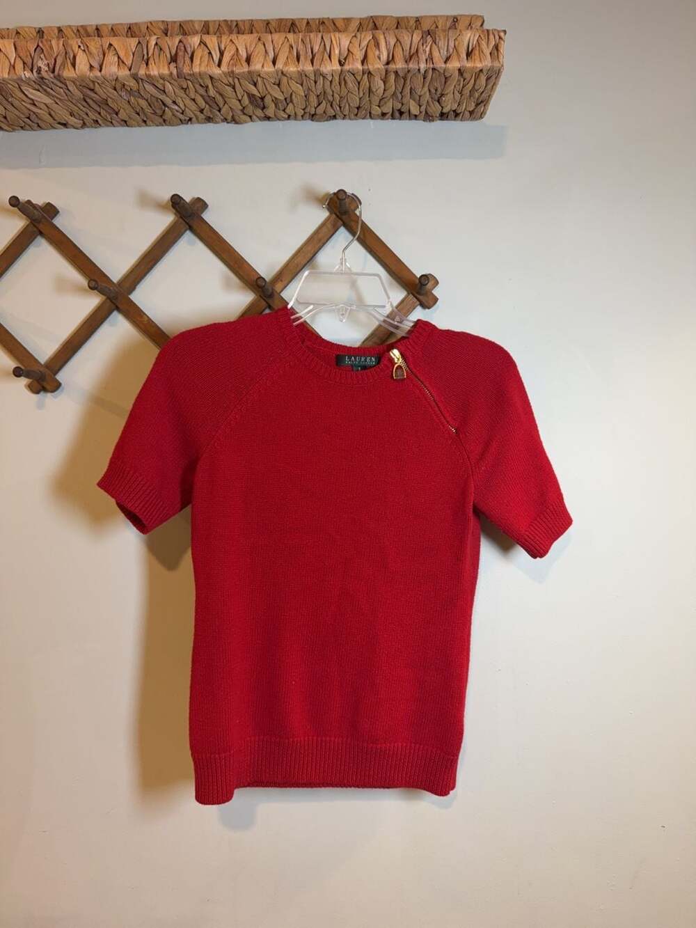 Lauren Ralph Lauren Red Short Sleeve Zip-Shoulder Sweater Size S